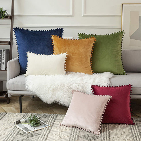 Ashler Throw Pillow Cases with Soft Pom Poms Velvet Plush Vibrant Elegant Cushion Covers, Pack of 2, Pink 20 x 20 inches 50 x 50 cm...