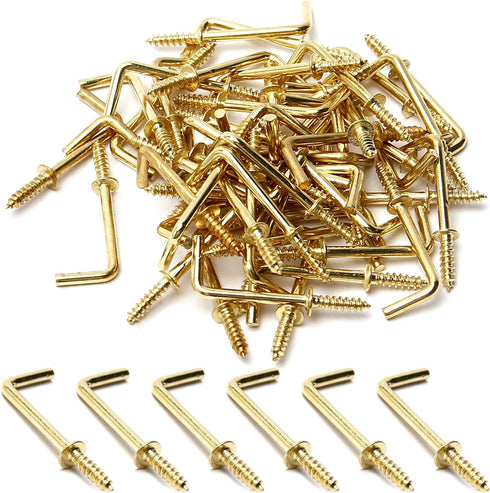 MroMax 1" 50Pcs Gold Screw in Hooks L Shape Hooks Carbon Steel 1 Shape Right Angle Hooks Brass Plated 7 Shape Screw Hooks Self-Tapping Screw Hook ...
