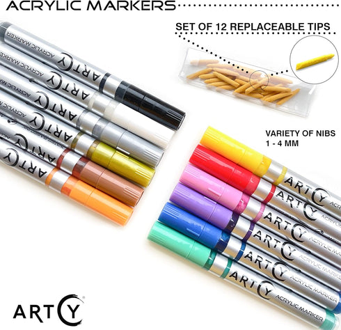 Acrylic Paint Pens - 12 Acrylic Paint Markers Medium Tip (2mm) | Great for Rock Painting, Canvas, Glass, Porcelain, Fabric, Paper, Pottery and Pla...