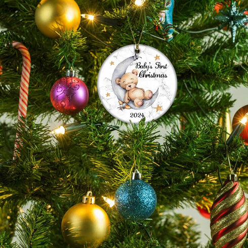 Baby's First Christmas 2025 Boy Bear on The Moon Baby Ornament Christmas Wedding Decoration Baby Ornament Newlywed 2025 (Yellow and White Baby Bea...