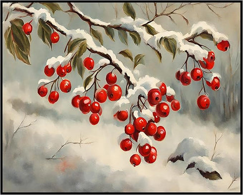 Posterizer 1 pcs-berries in snowy winter scene-oil painting style -2-Landscape & Nature Art-GIft for Men Women Teens-Living Room Bedroom Decor- un...