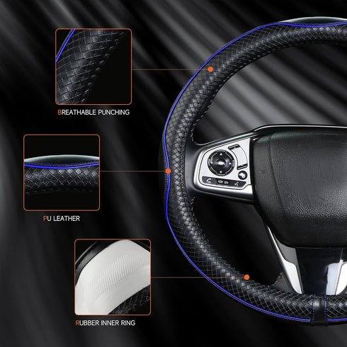 Leather Steering Wheel Cover?Black with Blue line?Anti-Slip, Safety, Soft, Sports Style, Black Steering Wheel Cover, Adaptable to 14.5-15 inches S...