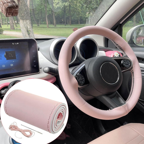 Leather Steering Wheel Cover Lace Up, Stitch on Wrap, Pink Steering Wheel Cover for Women, Anti-Slip & Breathable & Soft, Nappa Leather & Car Acce...
