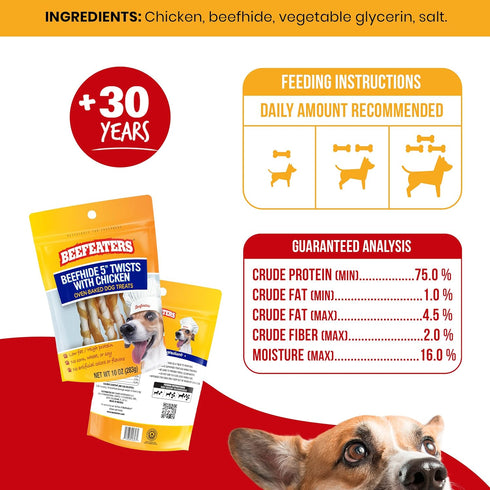 Beefeaters Dog Treats - Beefhide 5in Twist with Chicken 10oz | Dog Food High Protein, Low Fat, Enriched with Vitamins & Minerals | Promotes Clean ...
