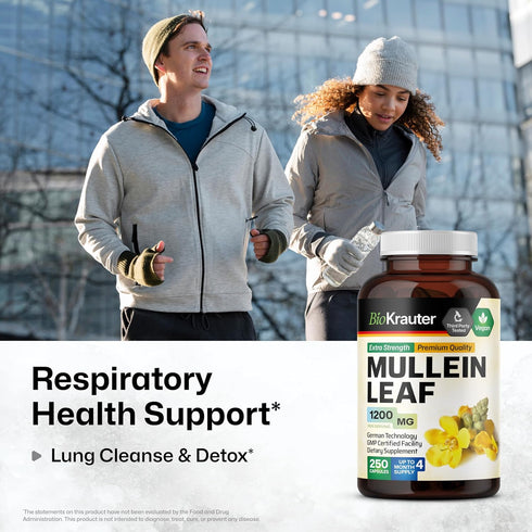 BIO KRAUTER Mullein Capsules for Lung Detox 1200 mg - 250 Count - Mullein Leaf Capsules for Respiratory Support - Vegan Lung Support Supplement - ...