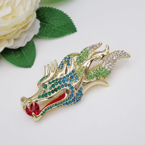Navachi 18k Gold Plated Clear Crystal Dragon Head Brooch Pin...