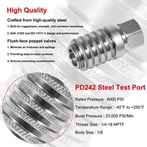 PD242 Series PD Steel Test Port and Diagnostic Equipment Quick Coupler with Female Pipe Thread, 1/8" Body Size, 1/4"-18 NPTF Thread Size, 2.12" Le...
