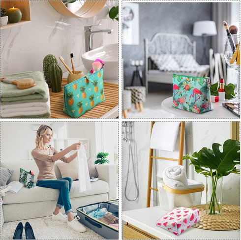 Weewooday 4 Pieces Cosmetic Makeup Bag Tropical Summer Foldable Portable Pouch Purse Handbag with Zipper Waterproof Barrel Makeup Bag for Women Gi...