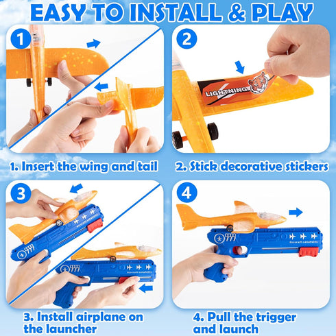 6 Pack LED Airplane Launcher Toys with 2 Launchers, 2 Flight Mode Glider Catapult Plane with Stickers, Flying Outdoor Toys for 3 4 5 6 7 8 9 10 11...
