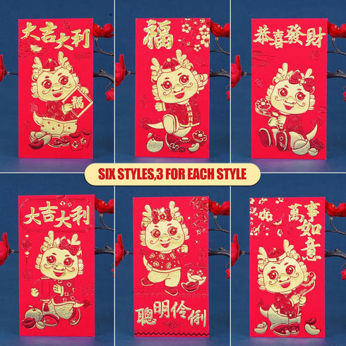 Red Envelopes Chinese New Year Dragon 2024, Lunar New Year Red Envelope Large Lucky Money Interoffice Envelopes Red Packet Hong Bao with 6 Differe...