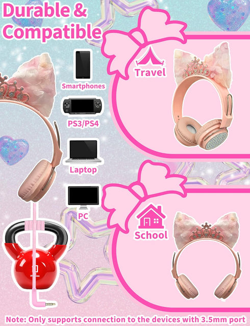 Priness Wired Kids Headphones with Mic for School/Travel,95dB Volume Limited,Shareport,On/Over Ear Bow Headsets with Nylon Cable-(Rose-Crown)...