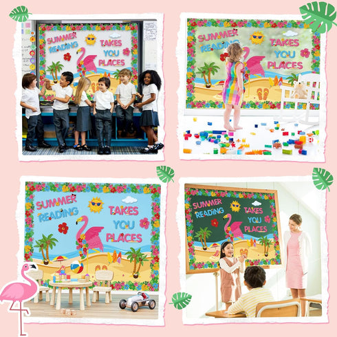 40 Pcs Summer Bulletin Board Decorations Set Hawaiian Tropical Flamingo Palm Beach Paper Cutouts Summer Flamingo Classroom Bulletin Board for Clas...