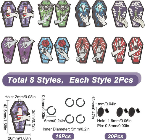 SUNNYCLUE 1 Box 52Pcs DIY 8 Pairs Gothic Style Acrylic Charms Halloween Coffin Charm Earrings Making Starter Kit Moth Charms Hand Rose Snake Charm...