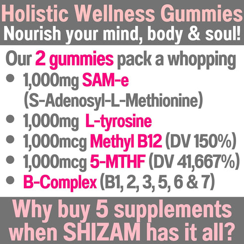 SAM-e & L-Tyrosine Gummies 1000mg Each & Vitamin B-Complex w Methyl B12 & 5-MTHF, Supplement/Supplements Capsules Powders Pills Alt, 1000 750 500 ...