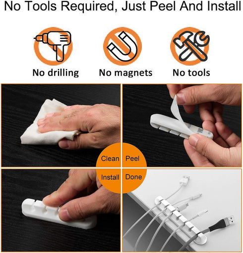 Cord Organizer Cable Management for Desk - 5 Packs White Clips and Cord Keeper, The White Self-Adhesive Holder are Easy to Apply and Stops Wire Ge...