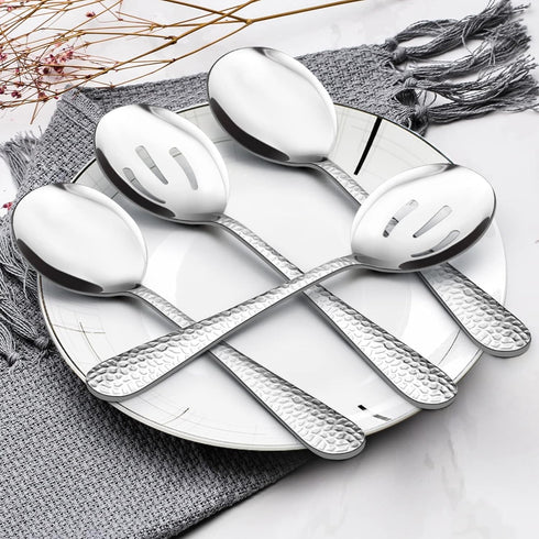 Hammered Serving Spoons, E-far 8-Piece Metal Serving Utensils Set - Solid Spoon x 4, Slotted Spoon x 4, Stainless Steel Hostess Tablespoons Set Se...