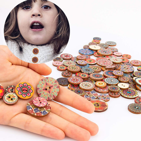 AIEX 100pcs Mixed Random Flower Painting Buttons Round Shapes Retro Wooden Buttons Assorted Colours for DIY Making 15 mm, 20 mm, 25 mm...