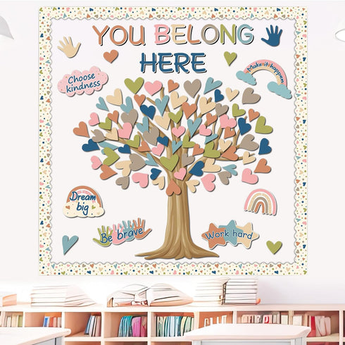 Boho Classroom Tree Bulletin Board Decorations Heart Cutouts Border Welcome Classroom You Belong Here Bulletin Board Decor Supplies for Chalkboard...