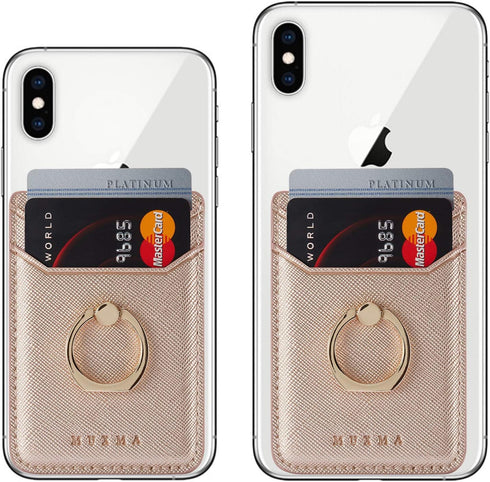 BIAJIYA Cell Phone Card Holder RFID Ring Stand Stick on Wallet Pu Leather Card Holder for Back of Phone for iPhone Android and All Smartphones (Ro...