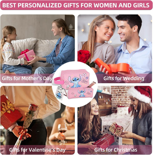 Stitch Stuff Travel Cosmetic Bag + Double Sided Cosmetic Mirror + a makeup brush bag, Large Capacity PU Travel Toilet Bag Makeup Accessories Organ...