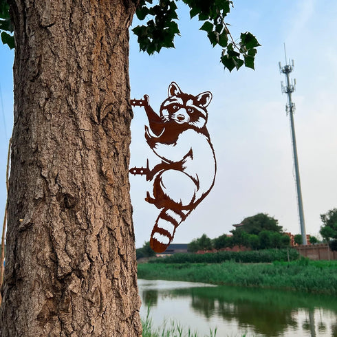 Garden Outdoor Decoration Rusty Metal Wall Art Corten Steel Raccoon Stake Animal Yard Decor Handmade Silhouettes Steel Metal for Yard Lawn Trees F...