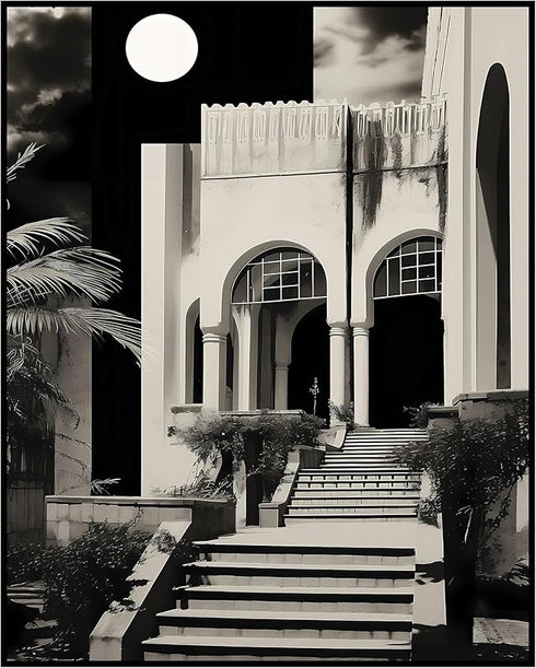 Posterizer 1 pcs-black and white collage with a castle and the moon-Landscape & Nature Art-Abstract & Modern Art-Gift for Art Lovers- UNFRAMED Wal...