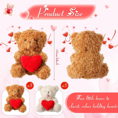 Shappy 10 Pcs Mini Plush Bears with Heart 4 Inch Small Bear Fuzzy Bear Stuffed Animal Tiny Bear Soft Plush Bear Doll Party Favor for Kids Classroo...