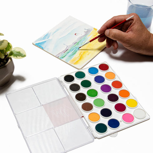 Hello, Artist! Watercolor Cake with Brush Set, Ideal for Beginners, Students, and Value-Conscious Artists, Water-Based and Vivid Colors, 24 colors...