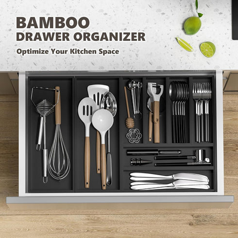 Kitchen Drawer Organizer Bins, Black Bamboo Drawer Organizer for Silverware, Utensils, Cutlery, Flatware, Stackable Drawer Organizers for Junk Dra...