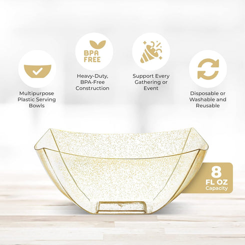 Posh Setting Square Plastic Serving Bowls, Small Gold Glitter Plastic Candy Bowls, 4 Pack Plastic Disposable Party Snack, Buffet, Chips, or Salad ...
