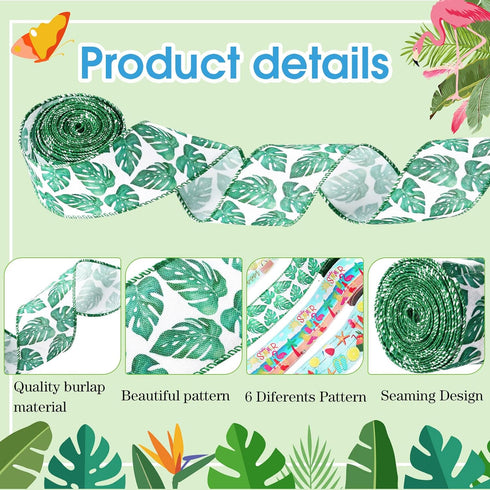 Tigeen 6 Rolls 30 Yards Summer Ribbon Flamingo Wired Ribbon Hawaii Tropical Beach Flip Flops Burlap Ribbons for Summer Wreath Bows Crafts Making, ...