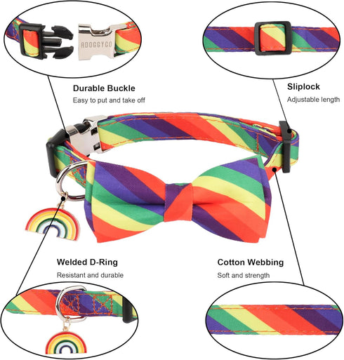 ADOGGYGO Rainbow Dog Collar with Bowtie, Adjustable Striped Dog Bow Collar, LGBT Pride Rainbow Collars for Small Medium Large Dogs Pets (Large, Ra...