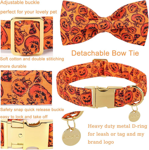 Halloween Dog Collar with Bow Tie, Pumpkin Cotton Bowtie Collar for Puppy Girl Dog or Cat, Halloween Bow Tie Collar with Durable Metal Buckle, Ado...