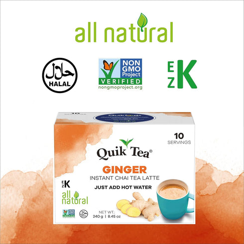 QuikTea Ginger Chai Tea Latte – 10 Count, Bold Ginger Flavor, Naturally Caffeine-Light, no preservatives, No Sugar Added – Just Add Hot Water...