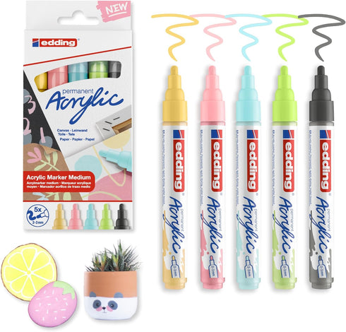 edding Acrylic Paint Markers Set - Art Supplies for Painting, Terracotta, Rocks, Canvas & Wood - 5 Blendable Pastel Colors, Permanent, Waterproof,...