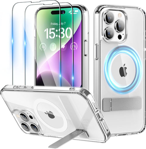 Magnetic Case for iPhone 15 Pro Max Case with Stand, Slim Kickstand with Screen Protector Compatible with Magsafe Shockproof Crystal Clear Cases P...
