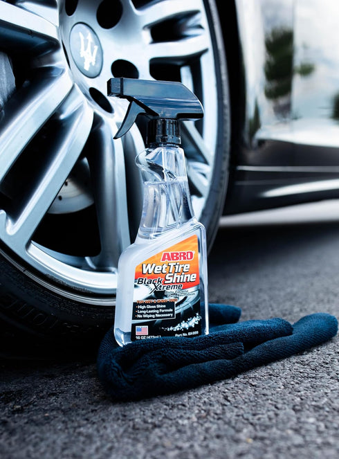 ABRO Black Xtreme Wet Tire Shine, 16 oz., Tire Dressing for Deep Glossy Finish for Protection and Conditioning, Long-Lasting Tire Shine Spray, Fig...