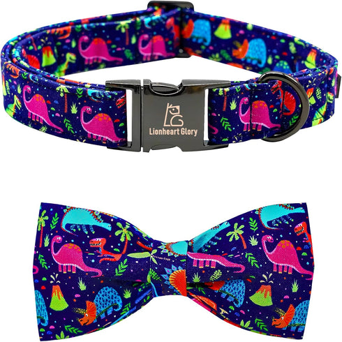 Lionheart glory Dog Collar, Blue Dog Bow Collar Boy Dog Collars with Bow Adjustable Dinosaur Bowtie Collar for Small Dogs Pet Gift...
