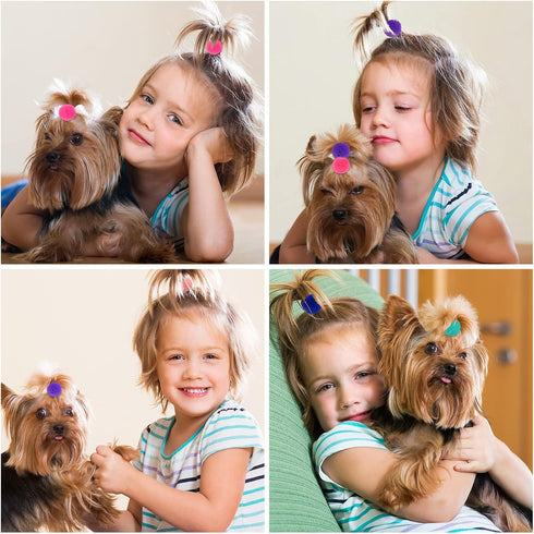 100pcs Small Pet Dog Hair Bows, Bulk Cute Dog Hair Round Puff Ball Pom Pom Bows with Rubber Bands, Mix Handmade Yorkie Dog Grooming Bows for Dog H...