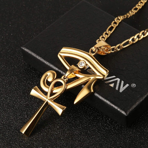 HZMAN Gold Stainless Steel Eye of Horus Egypt And Coptic Ankh Cross Religious Pendant Necklace 24" Figaro Chain...