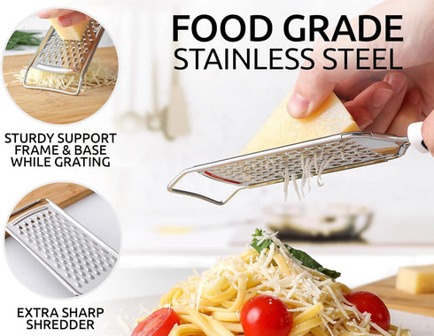 Zulay Kitchen Professional Cheese Grater Stainless Steel - Durable Rust-Proof Metal Lemon Zester Grater With Handle - Flat Handheld Grater For Che...