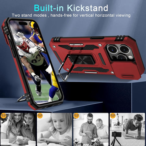 DEERLAMN for iPhone 15 Pro Max Case with Slide Camera Cover+Screen Protector(1 Pack), Rotated Ring Kickstand Military Grade Shockproof Protective ...