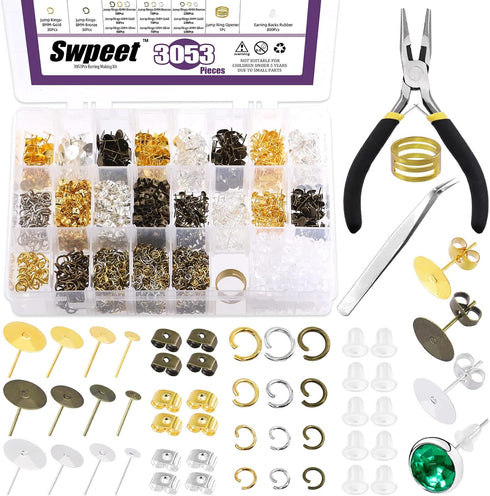 Swpeet 3053Pcs 3 Colors 4mm 6mm 8mm 10mm Earring Making Kit, Including Earring Posts, Gold Earring Backs, Open Jump Rings, Needle Nose Pliers, Elb...