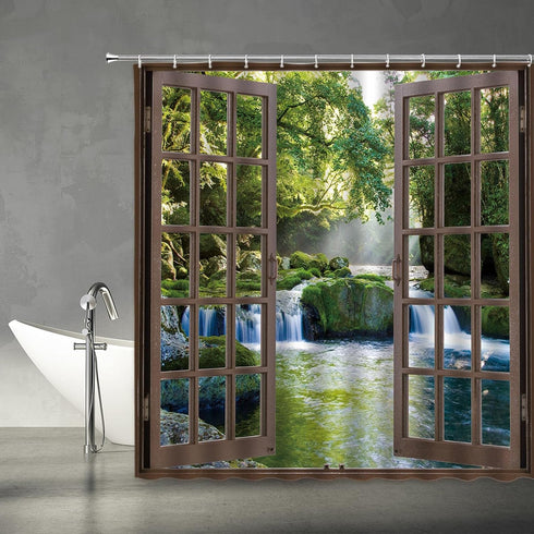 Waterfall Shower Curtain 3D Forest Green Tree Stone Rainforest River Jungle Landscape Spring Nature Scene Through Wooden Windows Fabric Bathroom D...