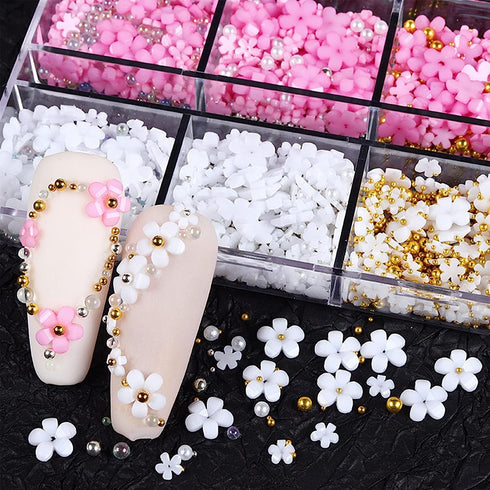 Flower Nail Charms Gems - WLGDLH 1 Box of 2 Colors Cute Kawaii 3D Nail Charms Resin Acrylic Nail Rhinestones Pearl Glitter Charms for Nail Art DIY...