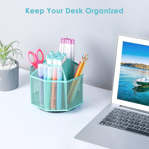 POPRUN Teal Desk Organizer, Desk Supplies and Accessories Organization,Spinning Pen/Pencil Organizer for Desk cute,Rotating Pen/Pencil Holder, for...