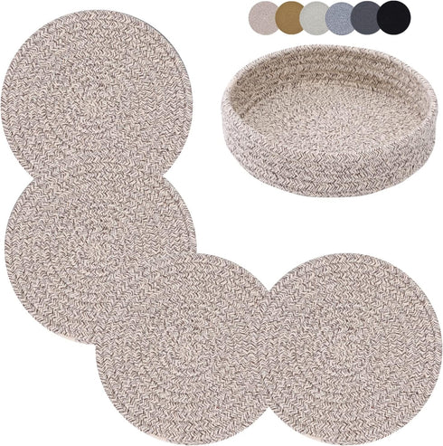 Trivets for Hot Dishes, Trivets for Hot Pots and Pans, 7 Inchs Hot Pads 4 Pcs and Storage Basket for Countertops, Pot Holders for Kitchen, Cotton ...