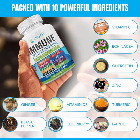 10 in 1 Immune System Support Supplement - Vitamin C (1000 mg), Quercetin, Vitamin D3 (5000iu), Zinc (40 mg), Elderberry, Echinacea, Turmeric, Gin...