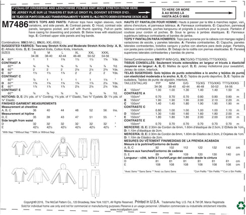 McCall Patterns M7486 XM Men's Raglan Sleeve Tops and Drawstring Pants Sewing Pattern, Size SML-MED-LRG...