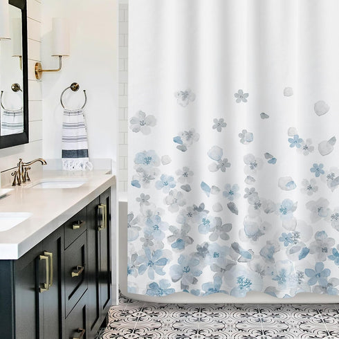 Sunlit Design Extra Long Simple Style Blue and Gray Flower Blossoms Fabric Shower Curtains for Bathroom Decor with White Background...